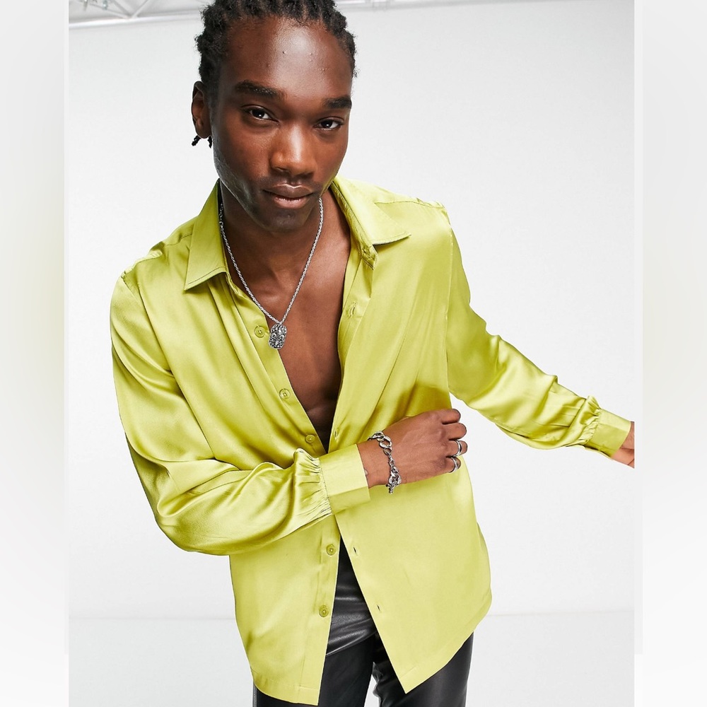 Reclaimed Vintage Limited Edition long sleeve satin shirt in lime green